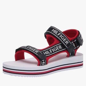 Tommy Hilfiger Womens Nurii Red/Blue Adjustable Ankle Strap Platform Logo Sandal